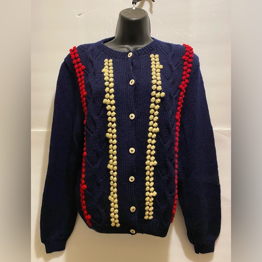 Preswick & Moore pure Wool 💯 Navy Cardigan with Red and Gold Accents♥️